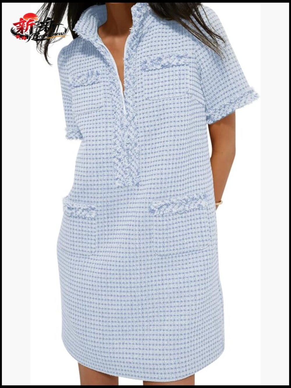 Womens Tweed Mini Dress V Neck Short Sleeve Bodycon Shift Dress Business Casual